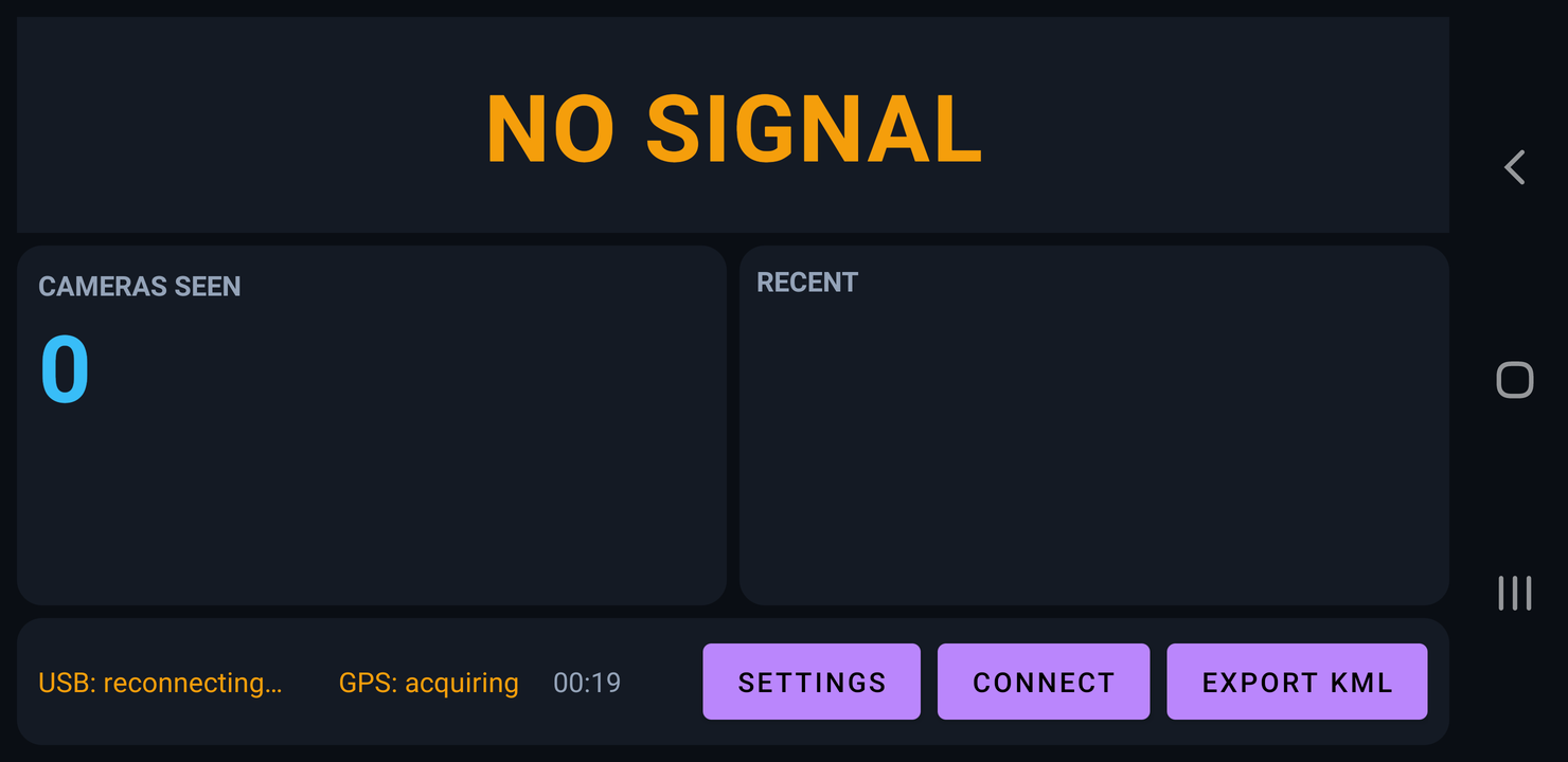 DeflockHUD showing an amber NO SIGNAL banner while GPS is still acquiring and no scanner is attached.