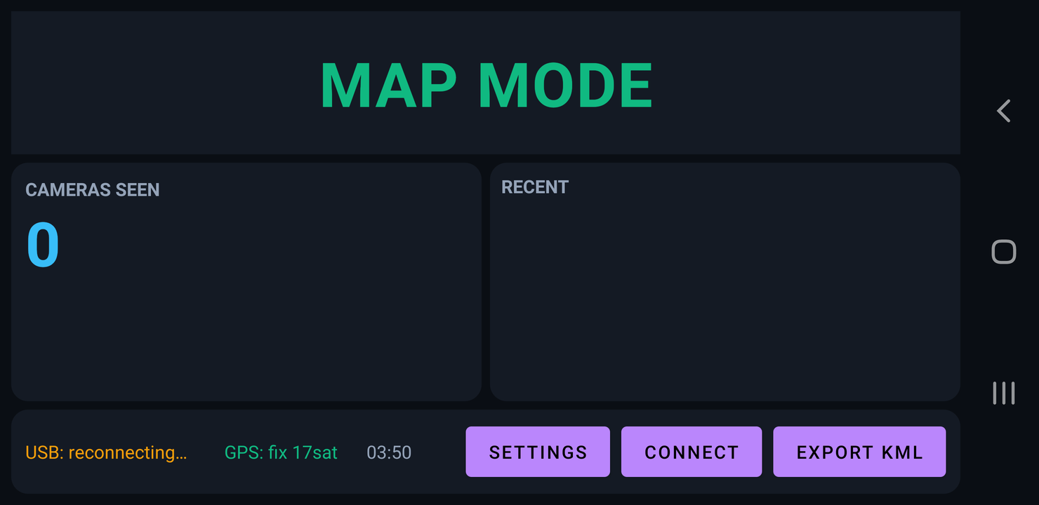 DeflockHUD showing a green MAP MODE banner with a GPS fix on 18 satellites and no scanner connected.