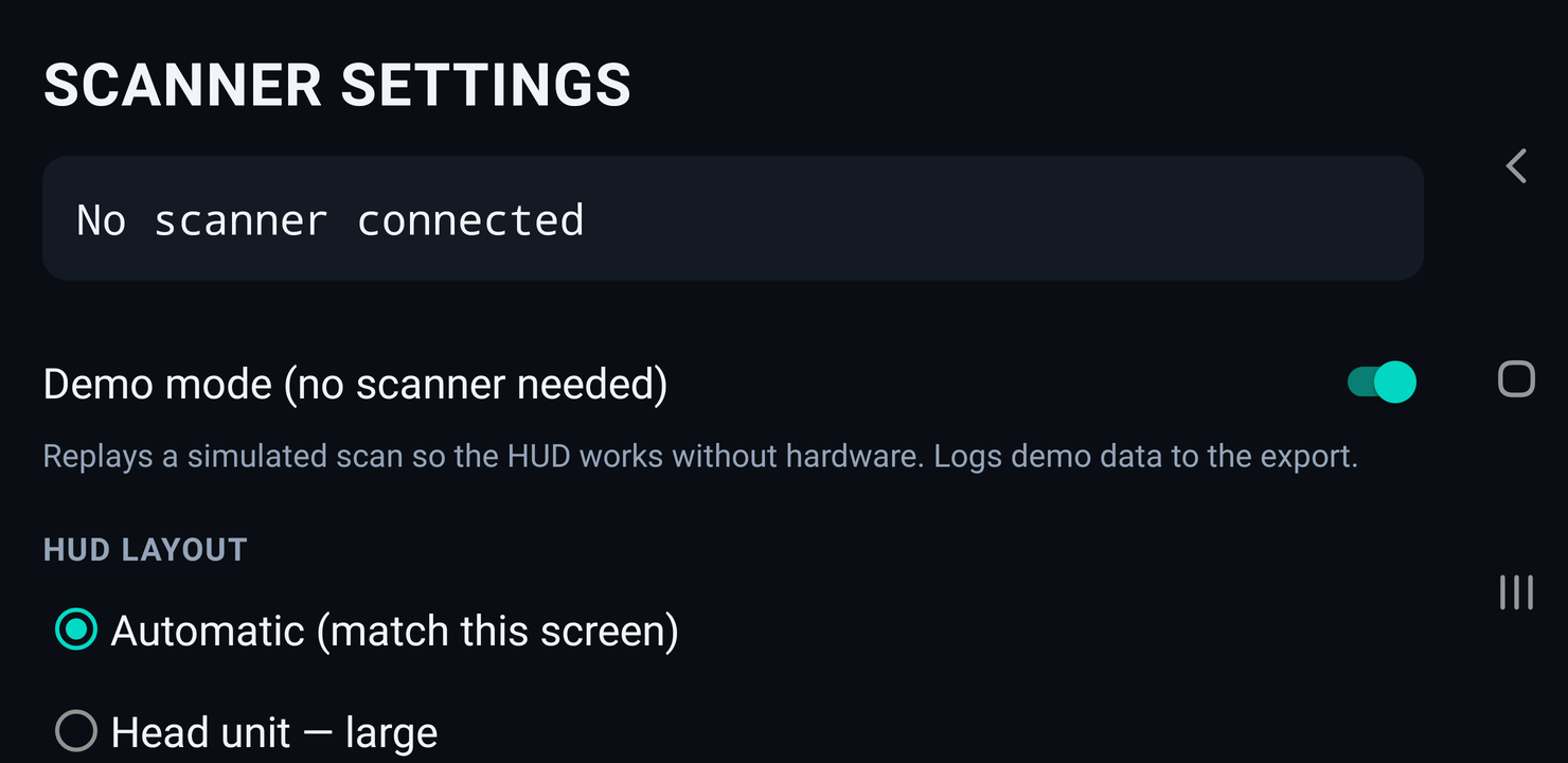 DeflockHUD settings screen showing a demo mode toggle and a HUD layout choice of Automatic, Head unit or Phone.